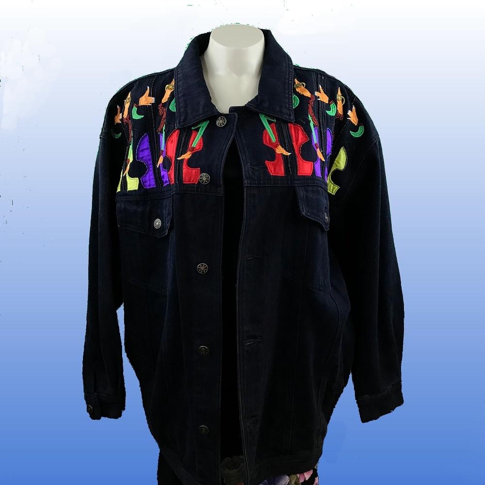 Vintage Cedars 80s Cellos Piano Art Deco Denim Jacket - Picture 2 of 8